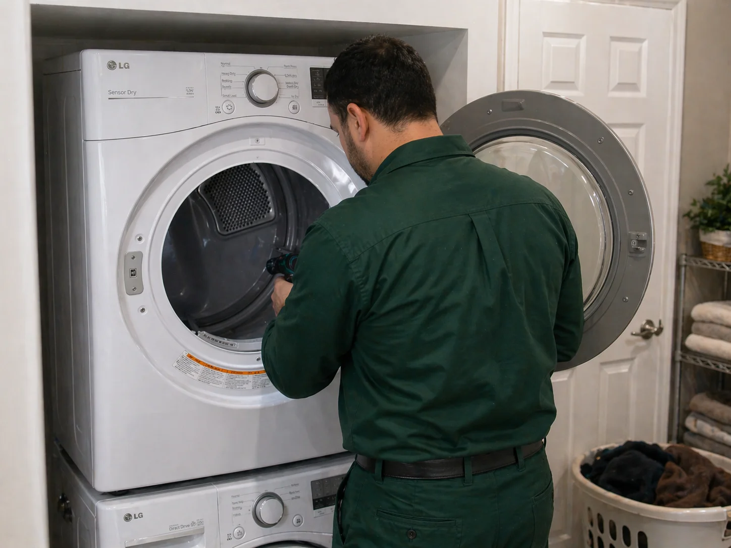 Dryer repair technician working in Sherwood Park home